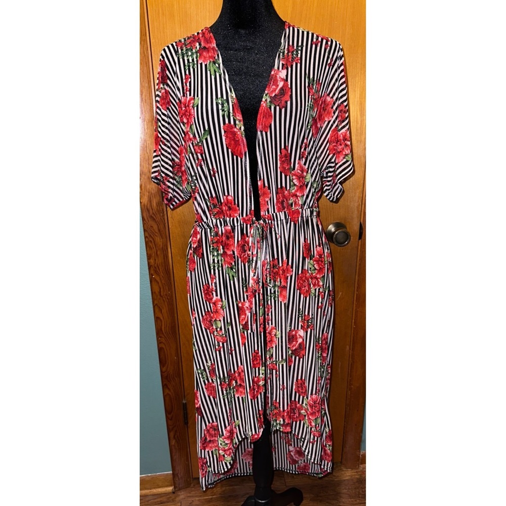 Charlotte Russe Black Red Floral Kimono Duster Cardigan Y2K Boho M/L Made in USA